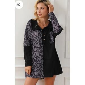 White Stag Half Button Leopard Cheetah Collared Blouse XL Waffle Knit Colorblock